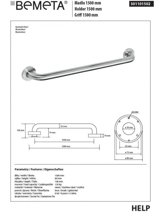 HELP 1500 Maniglione doccia in acciaio spazzolato 158x8x10,6 cm
