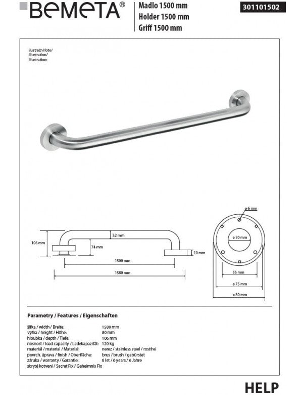 HELP 1500 Maniglione doccia in acciaio spazzolato 158x8x10,6 cm