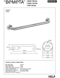 Maniglione doccia HELP 1100 in acciaio spazzolato 118x8x10,6cm