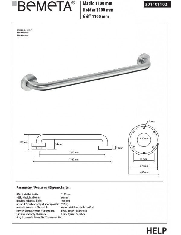 Maniglione doccia HELP 1100 in acciaio spazzolato 118x8x10,6cm
