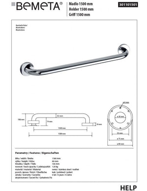 HELP 1500 Maniglione doccia in acciaio inox 158x8x10,6cm
