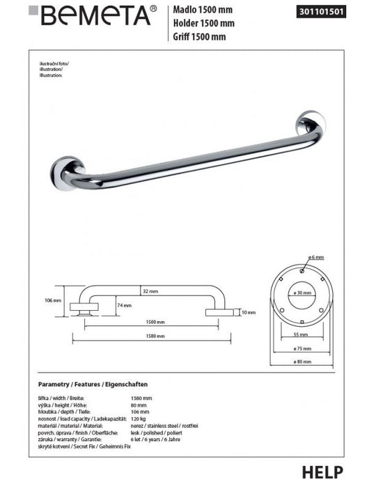 HELP 1500 Maniglione doccia in acciaio inox 158x8x10,6cm