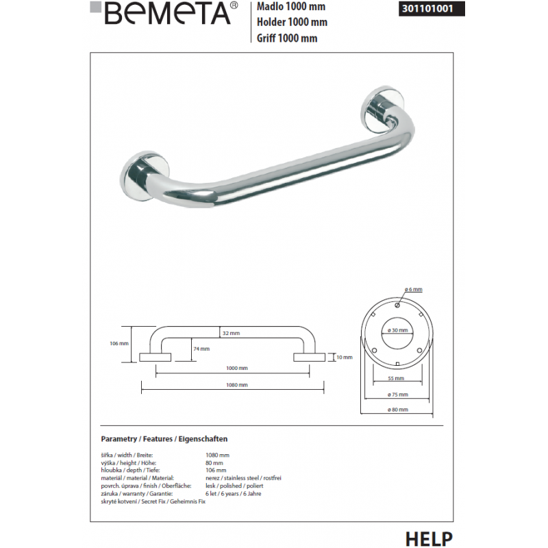 HELP 1000 Maniglione per doccia in acciaio inox 108x8x10,6 cm