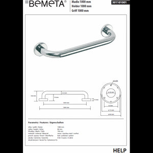 HELP 1000 Maniglione per doccia in acciaio inox 108x8x10,6 cm