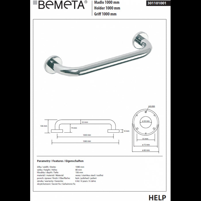 HELP 1000 Maniglione per doccia in acciaio inox 108x8x10,6 cm