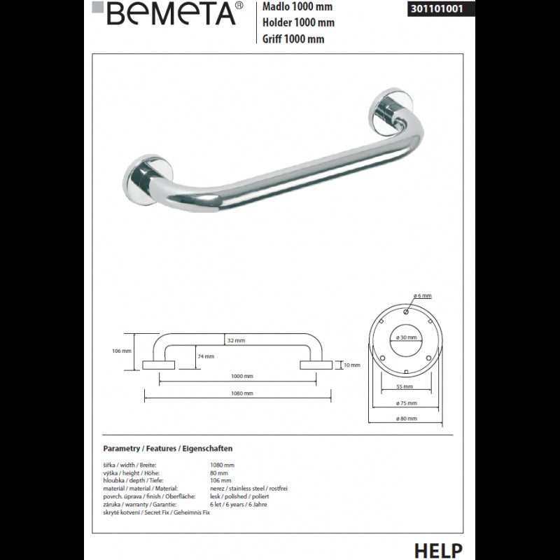 HELP 1000 Maniglione per doccia in acciaio inox 108x8x10,6 cm