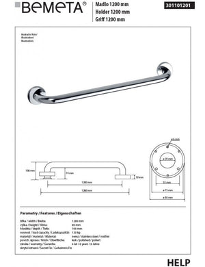 HELP 1200 Maniglione per doccia in acciaio inox 128x8x10,6 cm