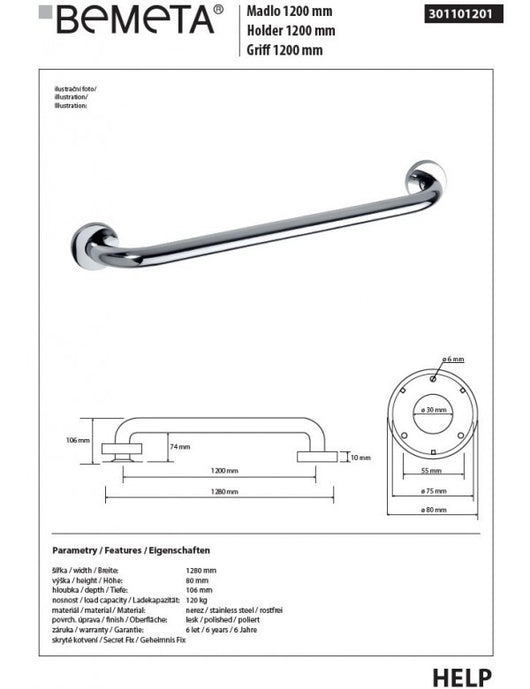 HELP 1200 Maniglione per doccia in acciaio inox 128x8x10,6 cm