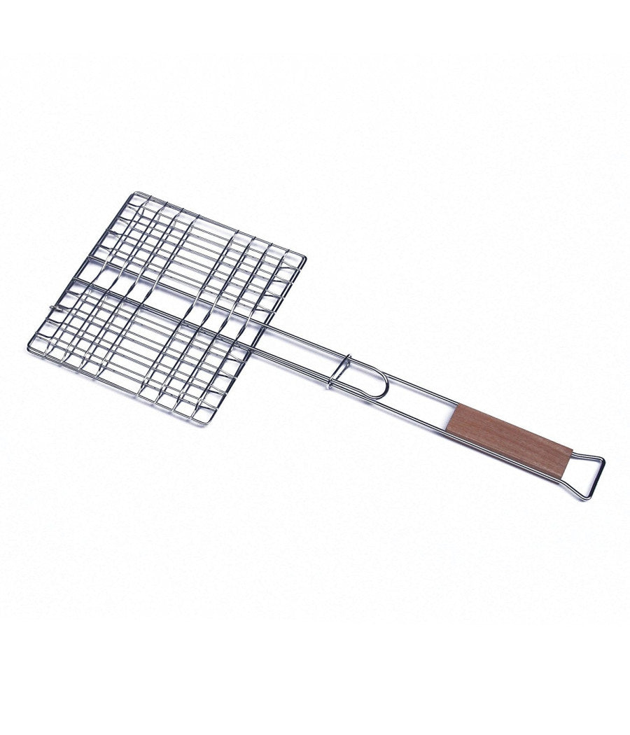Graticola Griglia Quadrata 32 X 19 Cm Con Manico In Legno Per Barbecue         