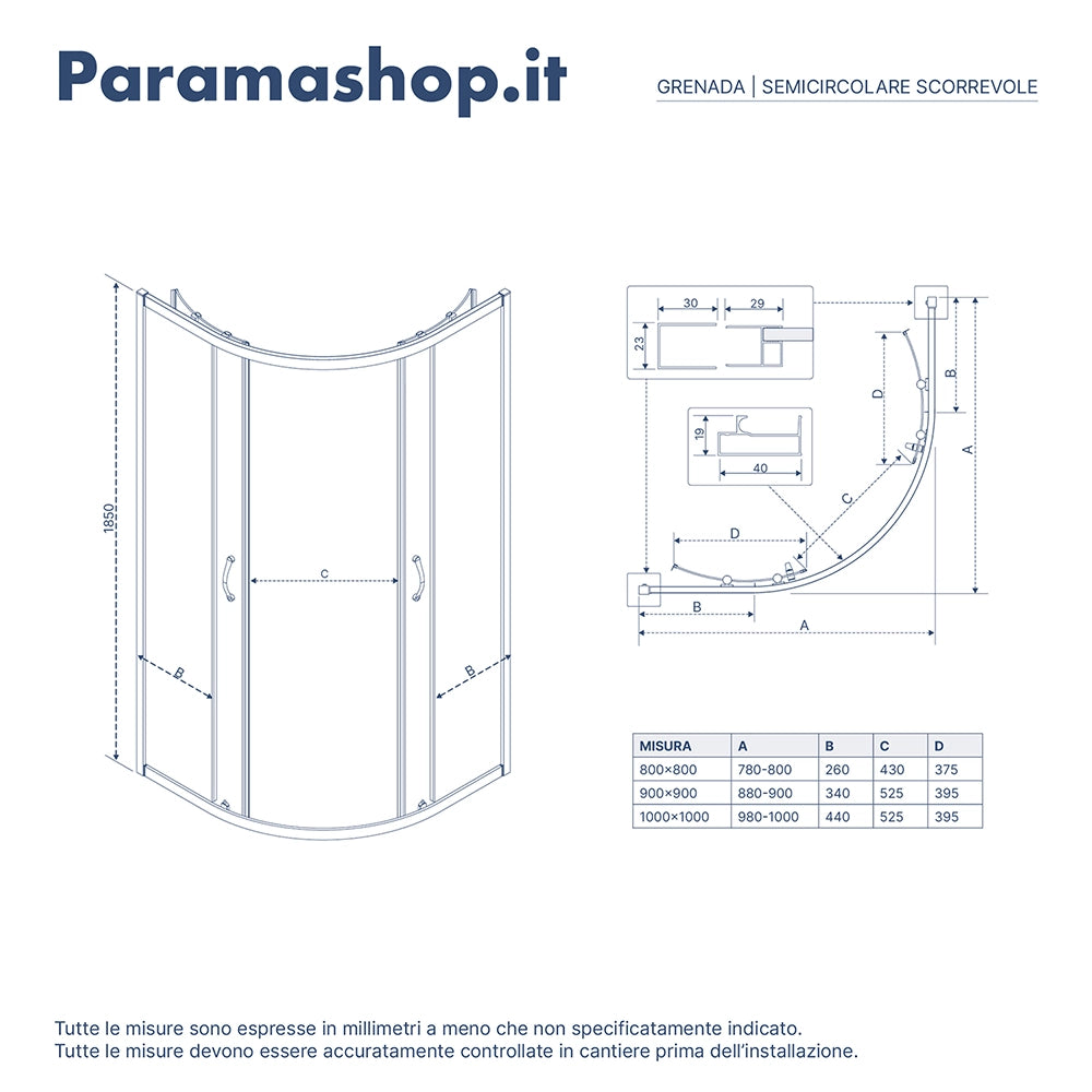 Box doccia semicircolare 90x90 cm serigrafato 4 mm profili bianchi | Grenada