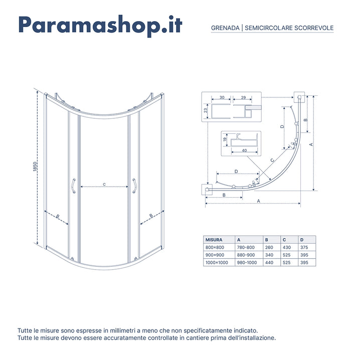 Box doccia semicircolare 90x90 cm serigrafato 4 mm profili bianchi | Grenada