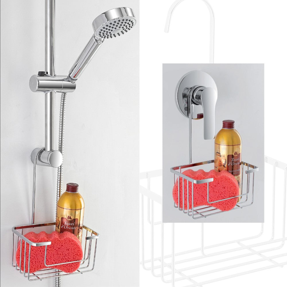 Griglia doccia portaoggetti in acciaio cromato con ripiano e gancio
