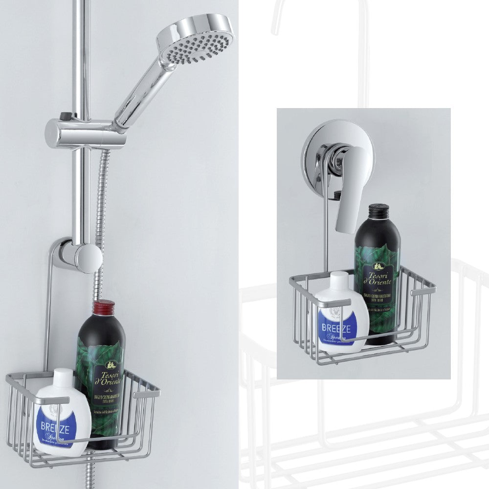 Griglia doccia portaoggetti in acciaio silver con ripiano e gancio