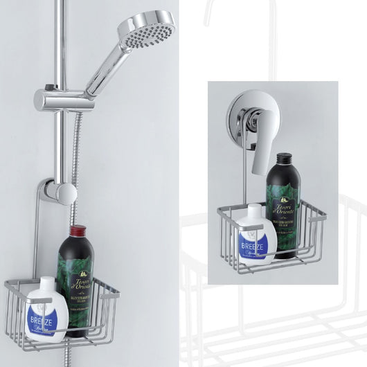 Griglia doccia portaoggetti in acciaio silver con ripiano e gancio