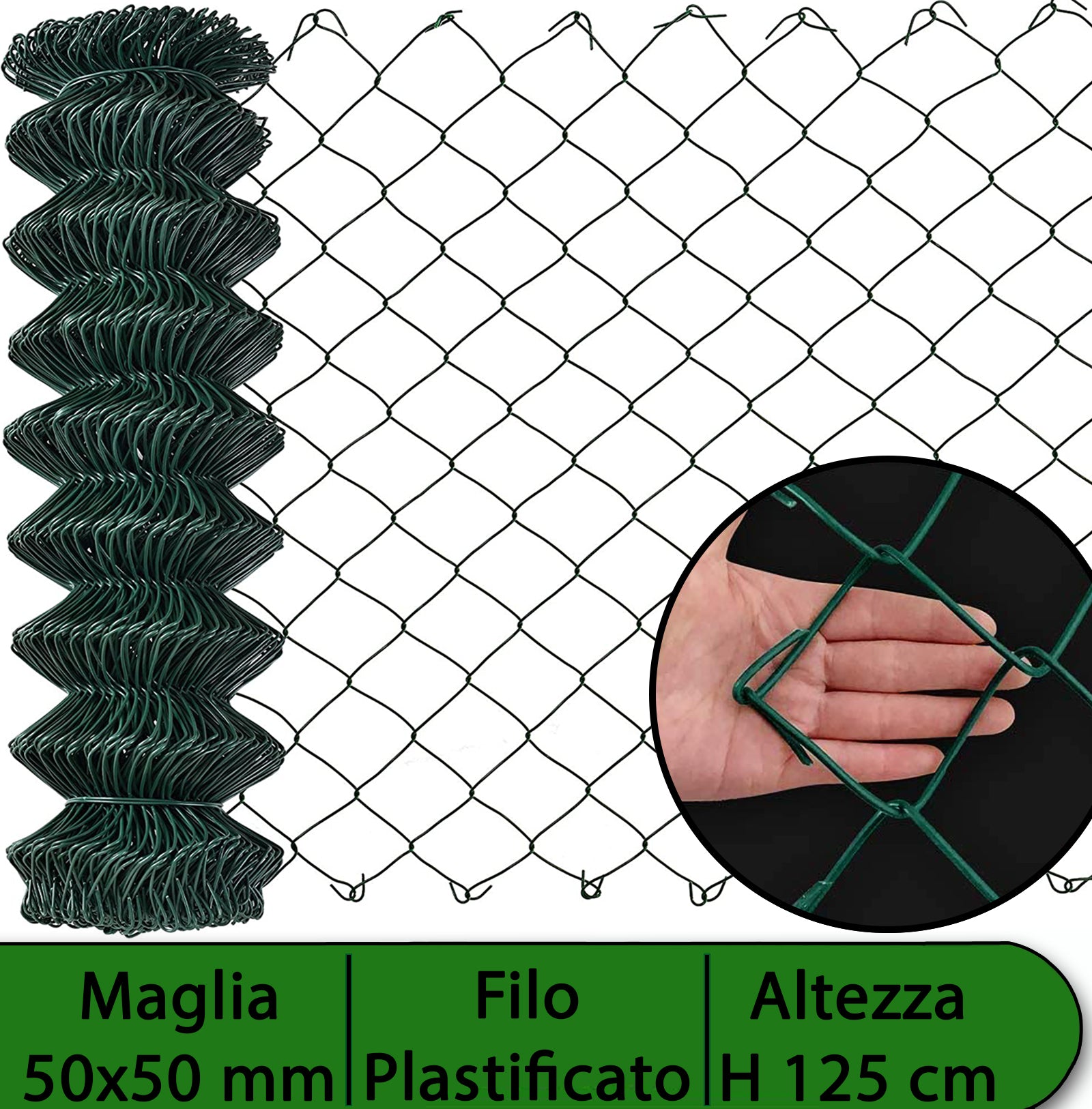 1 pz rete per recinzione plastificata altezza h 125 cm maglia sciolta 50x50 mm filo ø 2,3 mm lughezza rotolo da 25 mt per recinzione verde cod:ferx.mi.17.s