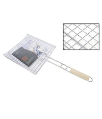 Griglia Quadra Barbecue Doppia Grill Manico Legno Graticola Arrosto Pesce 28x28cm         