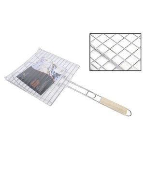 Griglia Quadra Barbecue Doppia Grill Manico Legno Graticola Arrosto Pesce 28x28cm         