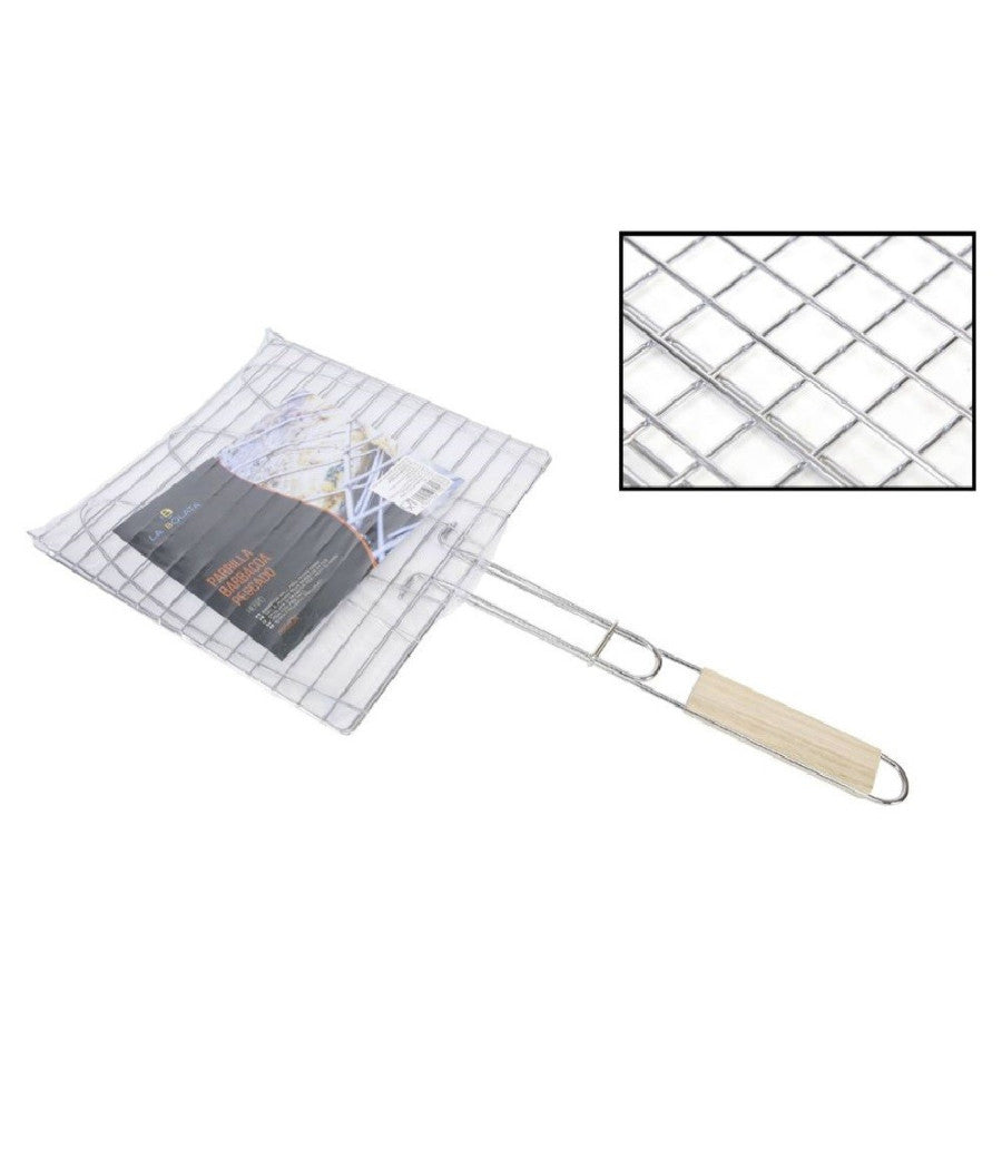 Griglia Quadra Barbecue Doppia Grill Manico Legno Graticola Arrosto Pesce 28x28cm         