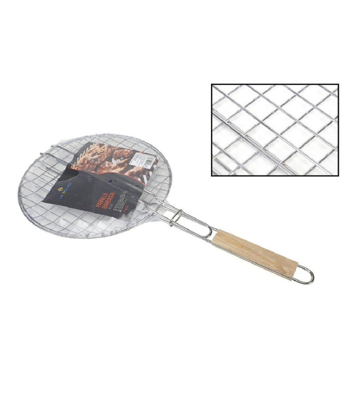 Griglia Rotonda Barbecue Doppia Grill Manico Legno Grigliata Arrosto Pesce 31,5cm         