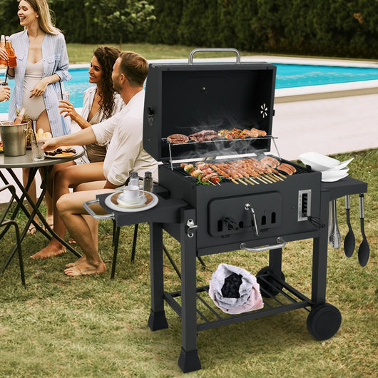 Griglia a carbone con 2 tavolini pieghevoli e ripiano di stoccaggio, Griglia portatile con ruote per campeggio e picnic Nero-Accessori per barbecue