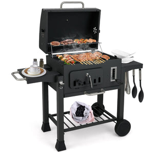 Griglia a carbone con 2 tavolini pieghevoli e ripiano di stoccaggio, Griglia portatile con ruote per campeggio e picnic Nero-Accessori per barbecue
