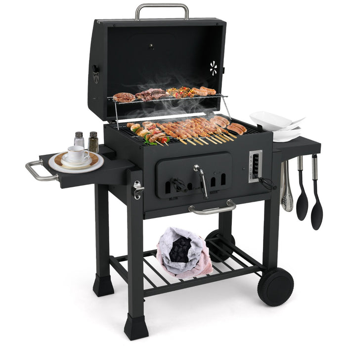 Griglia a carbone con 2 tavolini pieghevoli e ripiano di stoccaggio, Griglia portatile con ruote per campeggio e picnic Nero-Accessori per barbecue