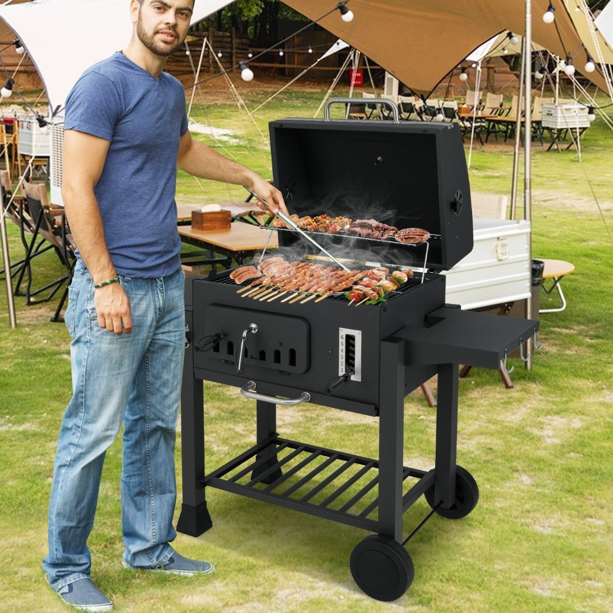 Griglia a carbone con 2 tavolini pieghevoli e ripiano di stoccaggio, Griglia portatile con ruote per campeggio e picnic Nero-Accessori per barbecue