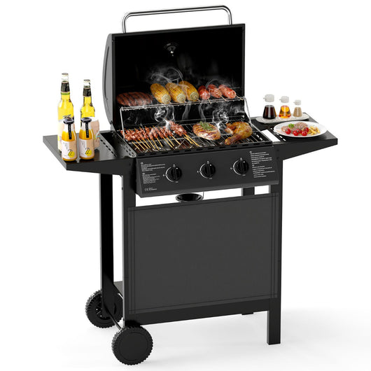 Griglia a gas propano con 3 bruciatori e tavolini laterali, Attrezzatura per barbecue da patio su ruote per campeggio Nero-Accessori per barbecue