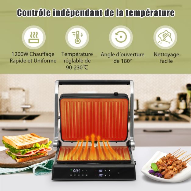 Grill elettrico multifunzione 1800-2000w touchscreen intelligente Apertura 180° timer 4h 5 modalità automatiche doppie piastre 20_0005308