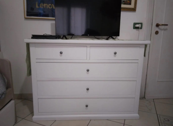 Gruppo como' a 5 cassetti  e 2 comodini a 3 cassetti laccato bianco opaco (1364) - Mobili 2G