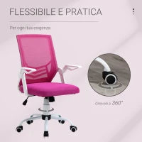 Sedia da Ufficio Ergonomica con Supporto Lombare, Braccioli Pieghevoli, Sedia da Scrivania Girevole in Rete Traspirante con Schienale Reclinabile e Altezza Regolabile, Capacità 120kg, Rosa