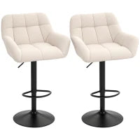 Set 2 Sgabelli da Bar Regolabili in Altezza, in Similpelle e Tessuto effetto Lino, Crema