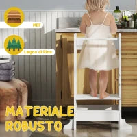 Scala Montessori per Bambini Regolabile su 3 Livelli con Barra di Sicurezza, in Legno, 45x47.5x91 cm, Bianco