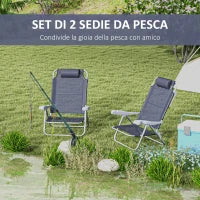 Set 2 Sedie da Pesca Pieghevoli e Reclinabili su 6 Livelli con Poggiatesta Imbottito, 62x65x80 cm