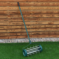 Rastrello aeratore da giardino in acciaio e plastica, Arieggiatore da prato con ruote e manico 45x21x126cm-Attrezzi da giardino