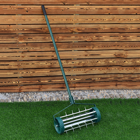 Rastrello aeratore da giardino in acciaio e plastica, Arieggiatore da prato con ruote e manico 45x21x126cm-Attrezzi da giardino