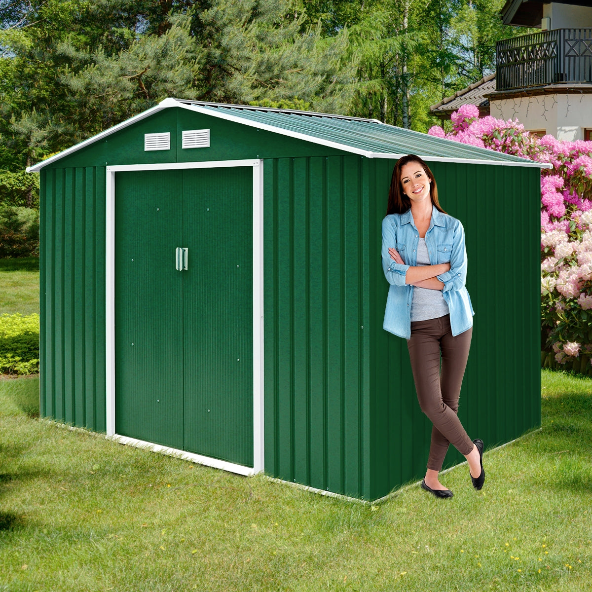 Box Casetta da giardino per gli attrezzi 213x127x185cm in lamiera d'acciaio Verde-Casette da giardino