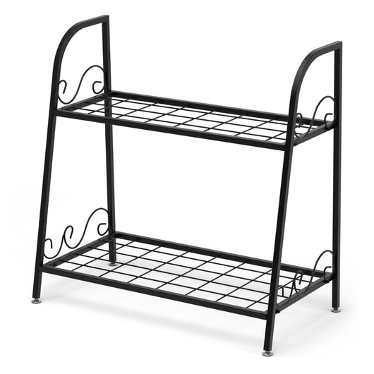 Scaffale per piante a forma di scala in metallo a 2 livelli per interni/esterni con gamba regolabile per giardino, balcone, soggiorno 20_0008545