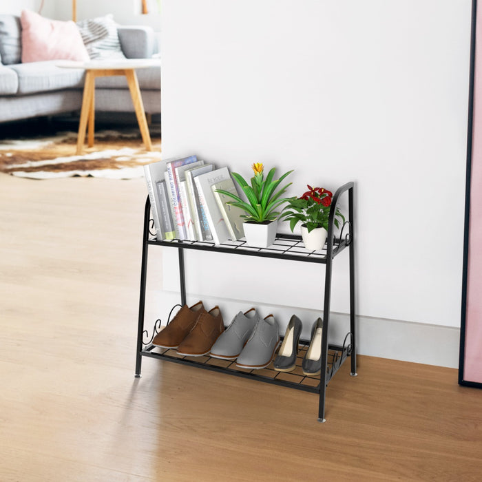 Porta piante di metallo con 2 livelli per interno ed esterno-Scaffale multifunzionale espositivo per fiori Nero