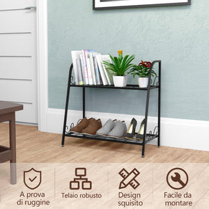 Porta piante di metallo con 2 livelli per interno ed esterno-Scaffale multifunzionale espositivo per fiori Nero