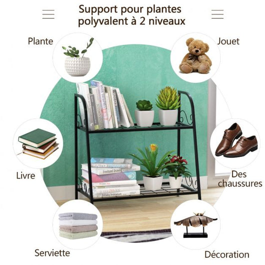 Scaffale per piante a forma di scala in metallo a 2 livelli per interni/esterni con gamba regolabile per giardino, balcone, soggiorno 20_0008545