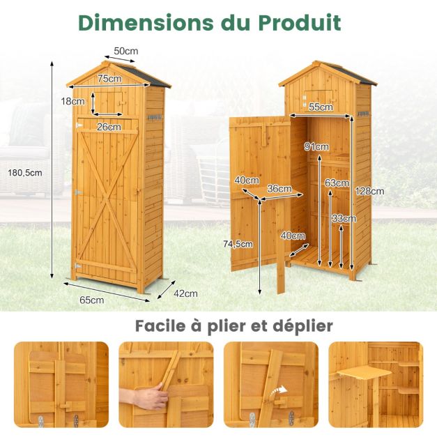 Mobile da giardino impermeabile in legno con casetta da giardino pensile con ripiani tavolo pieghevoli e 8 ganci 75 x 50 x 180,5 cm 20_0007049