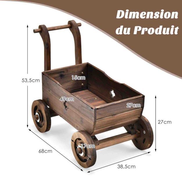 Carriola decorativa in legno con ruote manici foro di drenaggio portavasi rustico con ruote da giardino balcone marrone 20_0005124