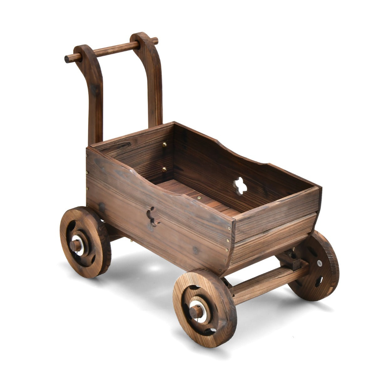 Carriola decorativa in legno con ruote manici foro di drenaggio portavasi rustico con ruote da giardino balcone marrone 20_0005124
