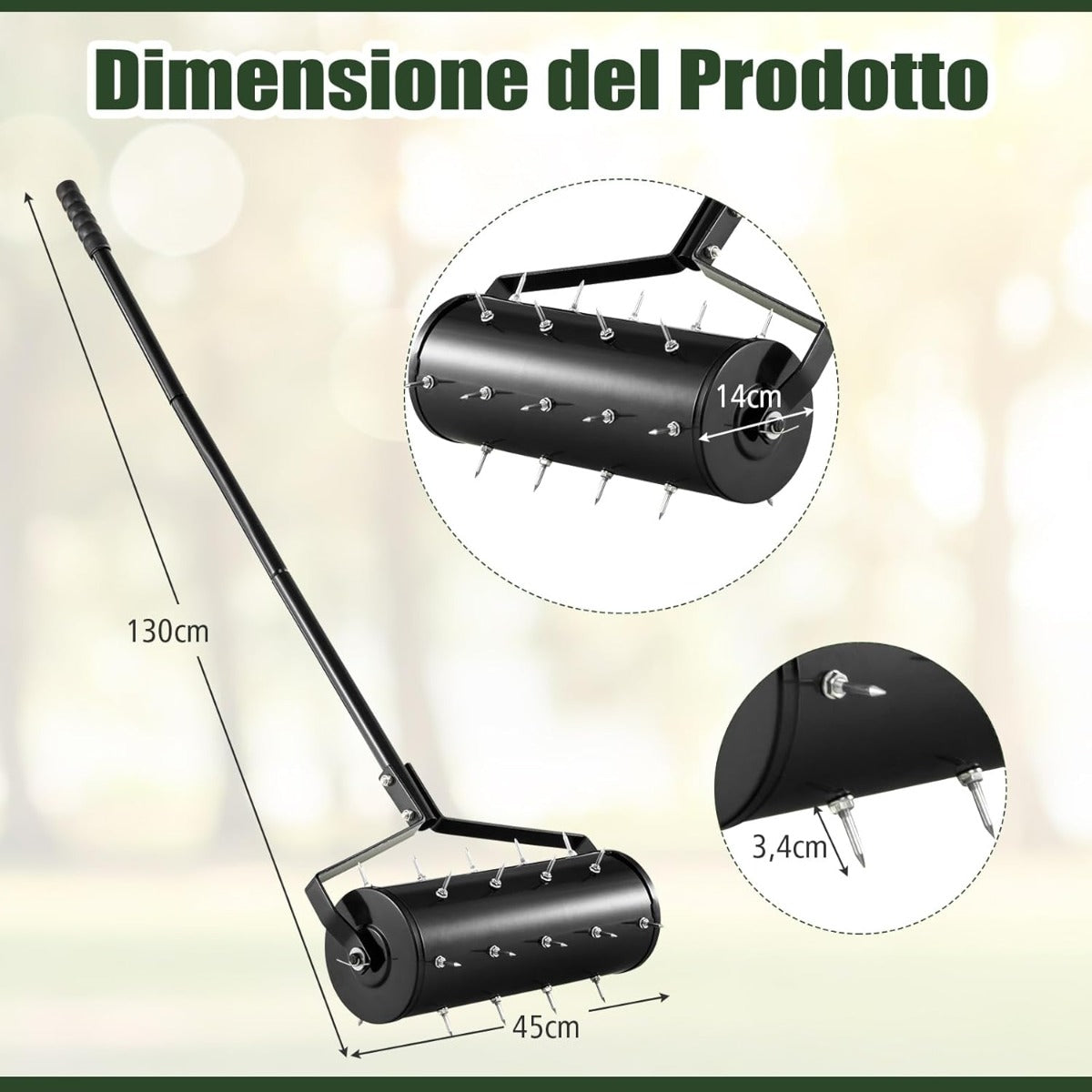 Aeratore per prato 45cm, Attrezzo pesante per cura del prato con manico in metallo da 130cm Nero-Attrezzi da giardino