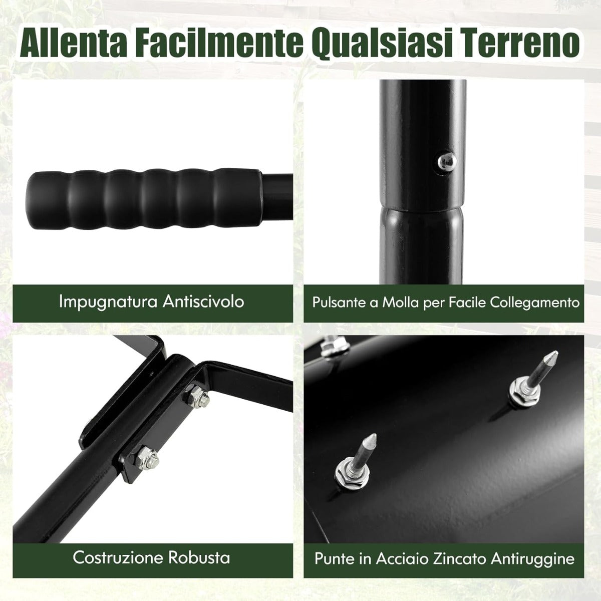 Aeratore per prato 53cm, Attrezzo pesante per cura del prato con manico in metallo da 130cm Nero-Attrezzi da giardino