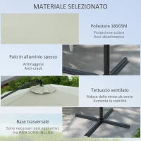 Ombrellone a Braccio a 8 Stecche con Base a Croce, in Alluminio, Metallo e Poliestere, Ø3x2.6 m, Crema