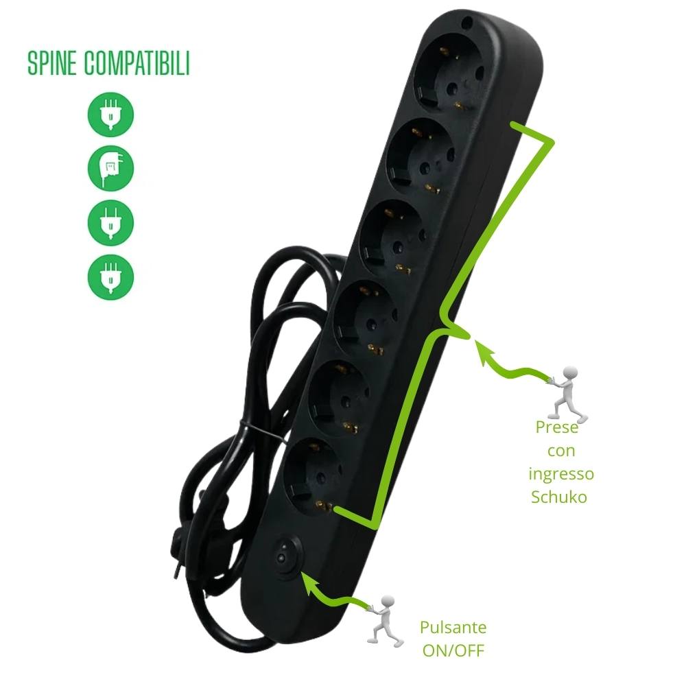 Ecova 30098x multipresa 6 uscite universali con interruttore cavo 1,5m nero 3500w