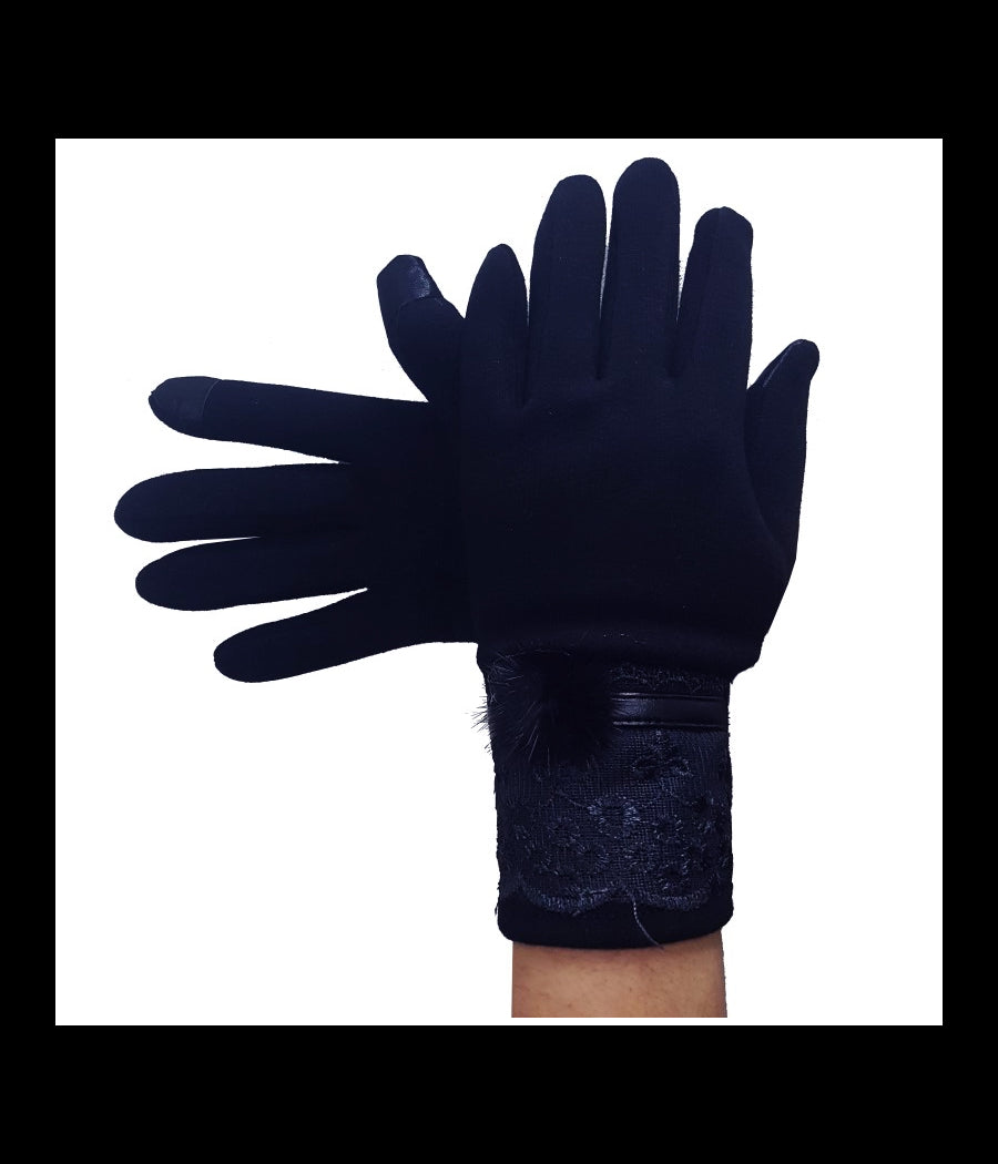 Guanti Tessuto Cotone Donna Blu Pon Pon Pizzo Taglia 8 1/2 Gloves Fodera         