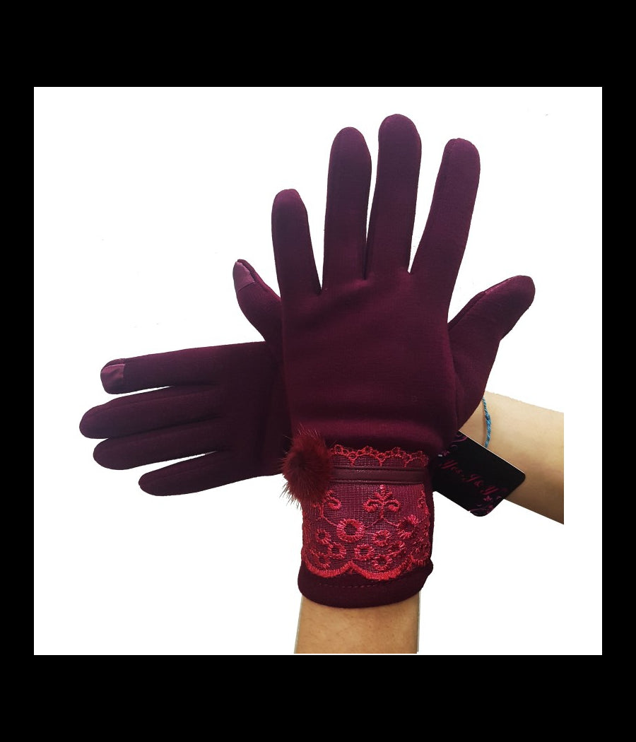 Guanti Tessuto Cotone Donna Bordeaux Pon Pon Pizzo Taglia 8 1/2 Gloves Fodera         